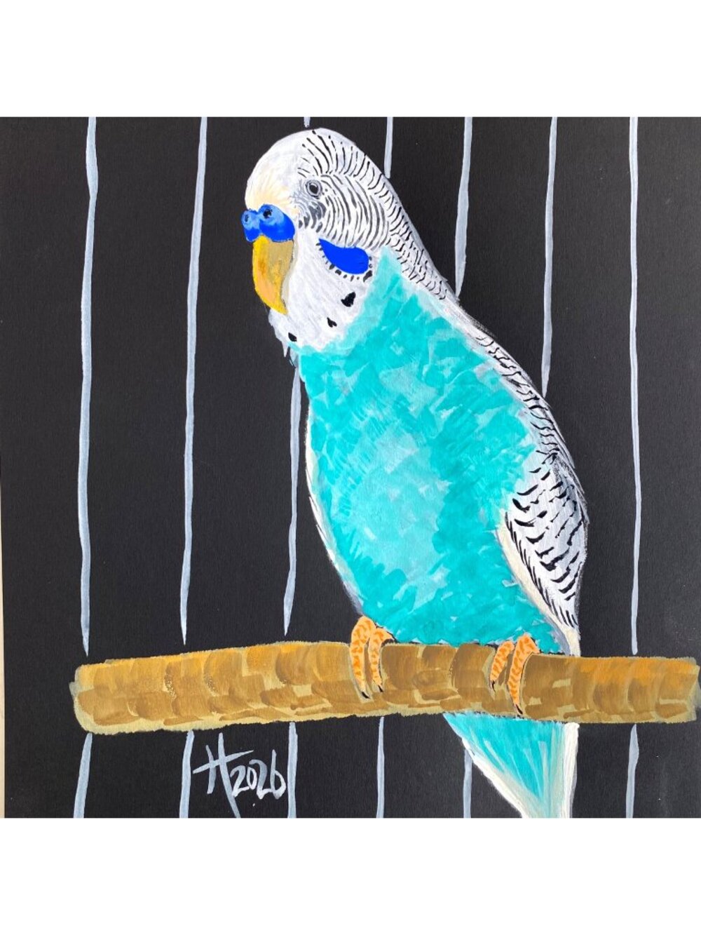 Turquoise Parakeet Bird Original Art Watercolor Painting 11x14in Mat Frame Ready